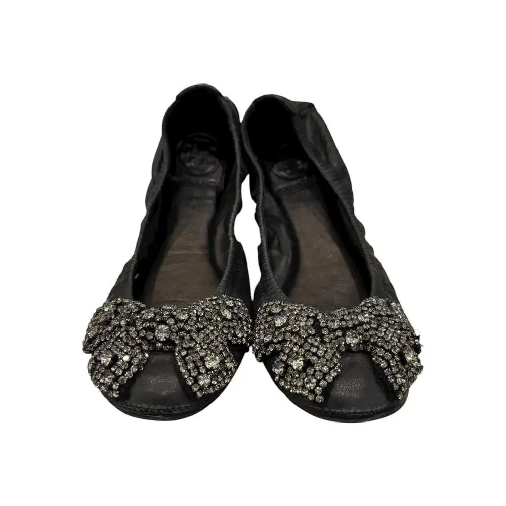 Tory Burch Eddie V Embellished Bow Ballet Flats Black Women’s 6.5M